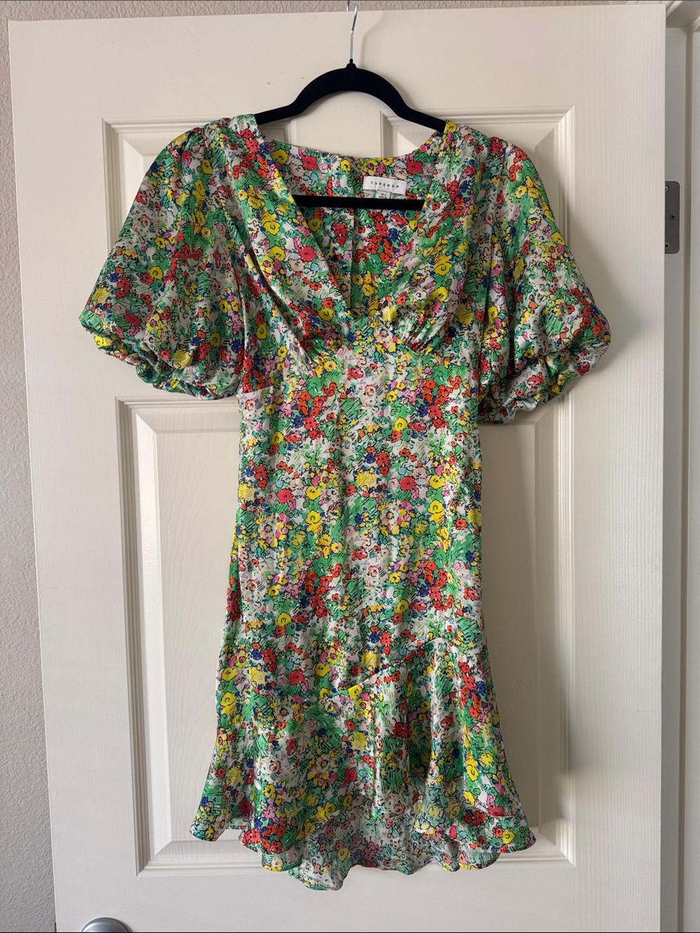 Topshop Floral V-Neck Puff-Sleeve Mini Dress in Green and Yellow